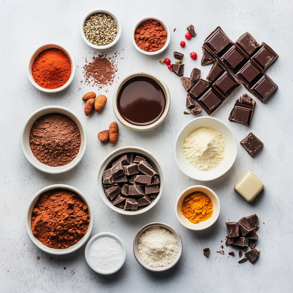 Decadent Chocolate Cake with crispy potato crust and vegetable filling a white plate overhead view