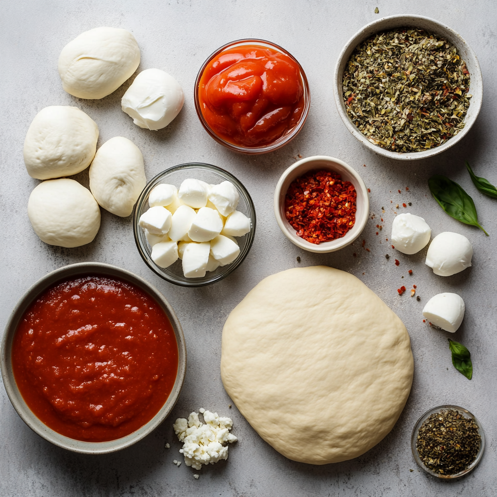 Homemade Pizza with crispy potato crust and vegetable filling a white plate overhead view