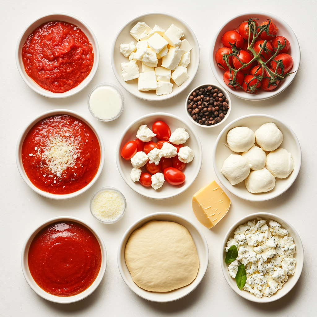 Homemade Pizza with crispy potato crust and vegetable filling a white plate overhead view