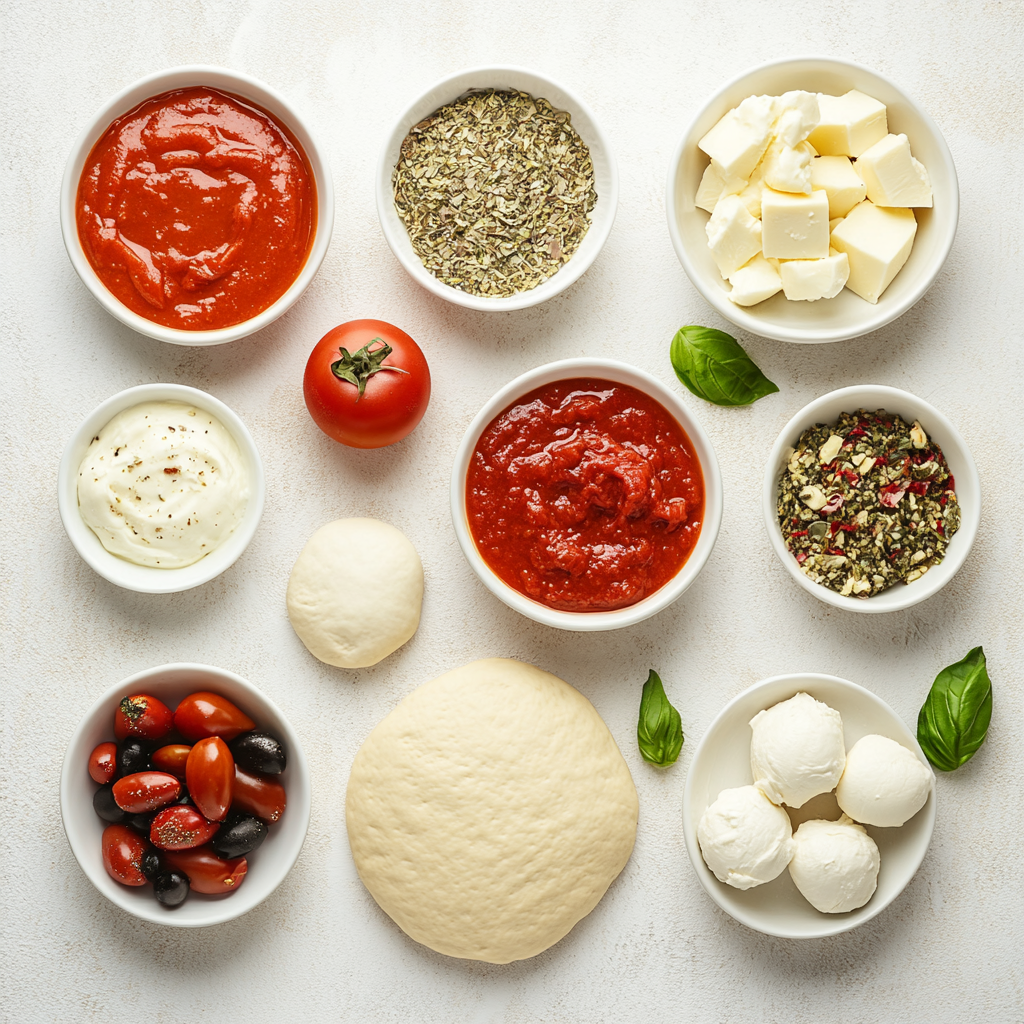 Homemade Pizza with crispy potato crust and vegetable filling a white plate overhead view