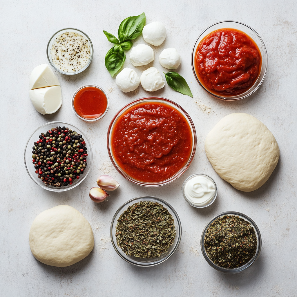 Homemade Pizza with crispy potato crust and vegetable filling a white plate overhead view