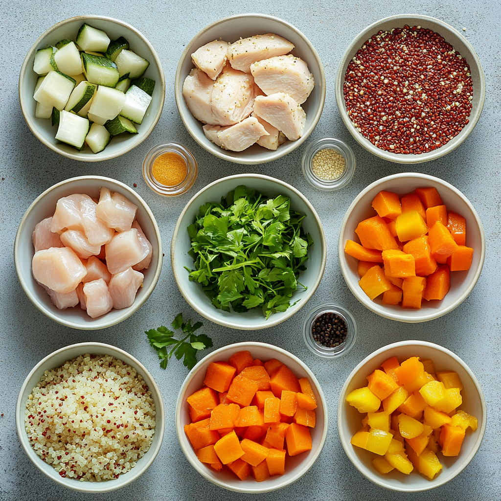 Flat-lay of Thai green curry ingredients: chicken thighs, coconut cream, green curry paste jar, Thai basil, lemongrass, kaffir lime leaves, fish sauce, eggplant and zucchini on white ceramic surface