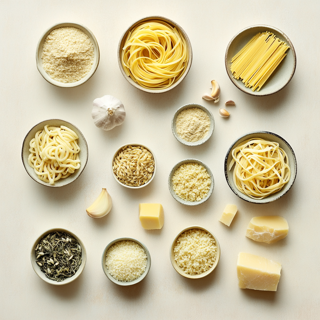 Easy Pasta with crispy potato crust and vegetable filling a white plate overhead view