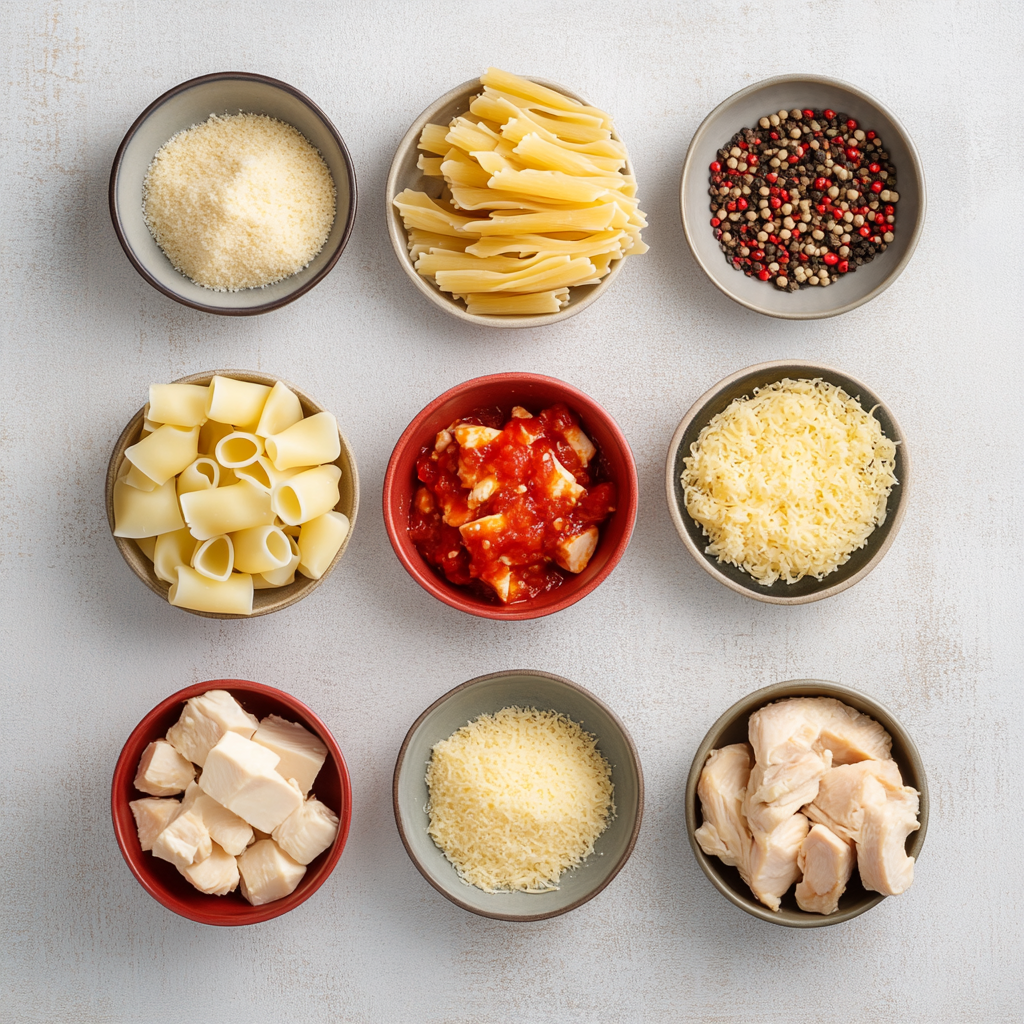 Easy Pasta with Tomato Sauce with crispy potato crust and vegetable filling a white plate overhead view