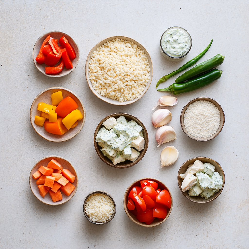 Couscous with Spices and Herbs with crispy potato crust and vegetable filling a white plate overhead view