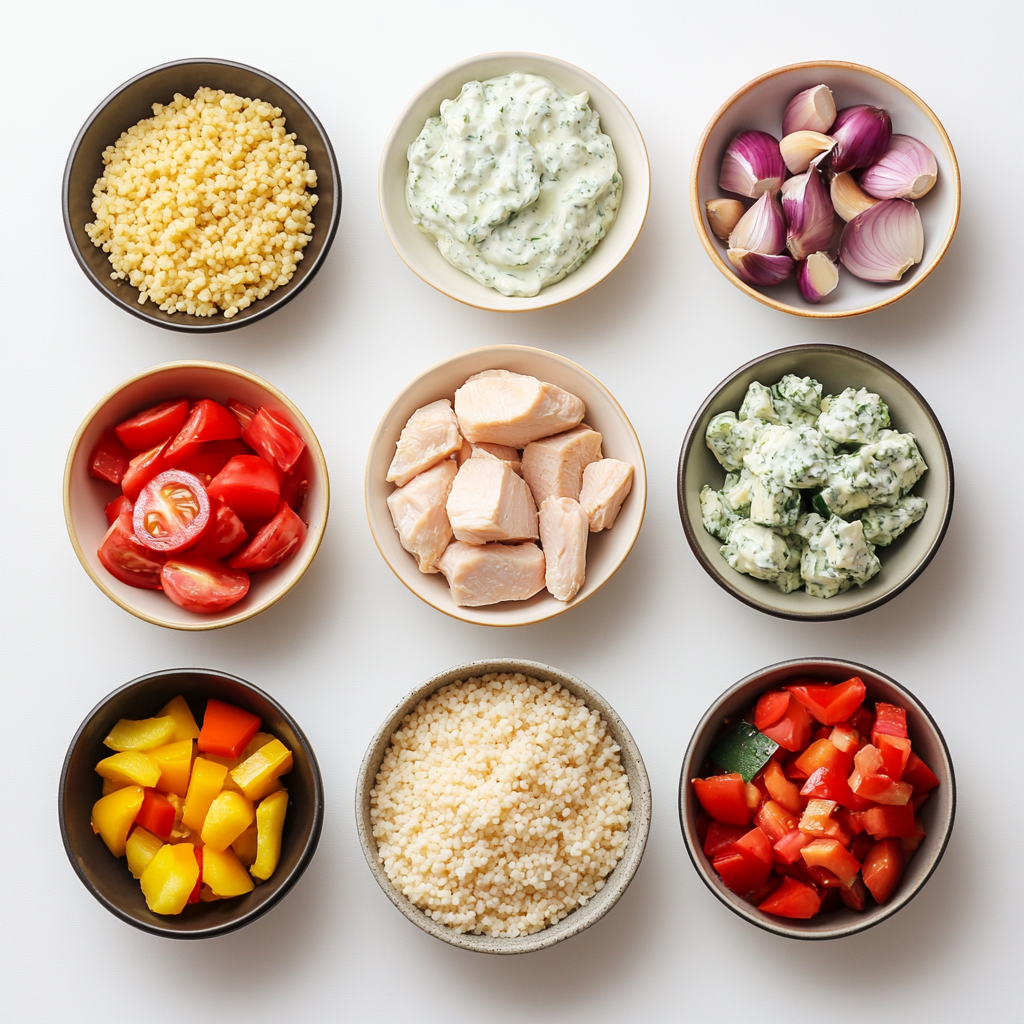 Couscous with Spices and Herbs with crispy potato crust and vegetable filling a white plate overhead view