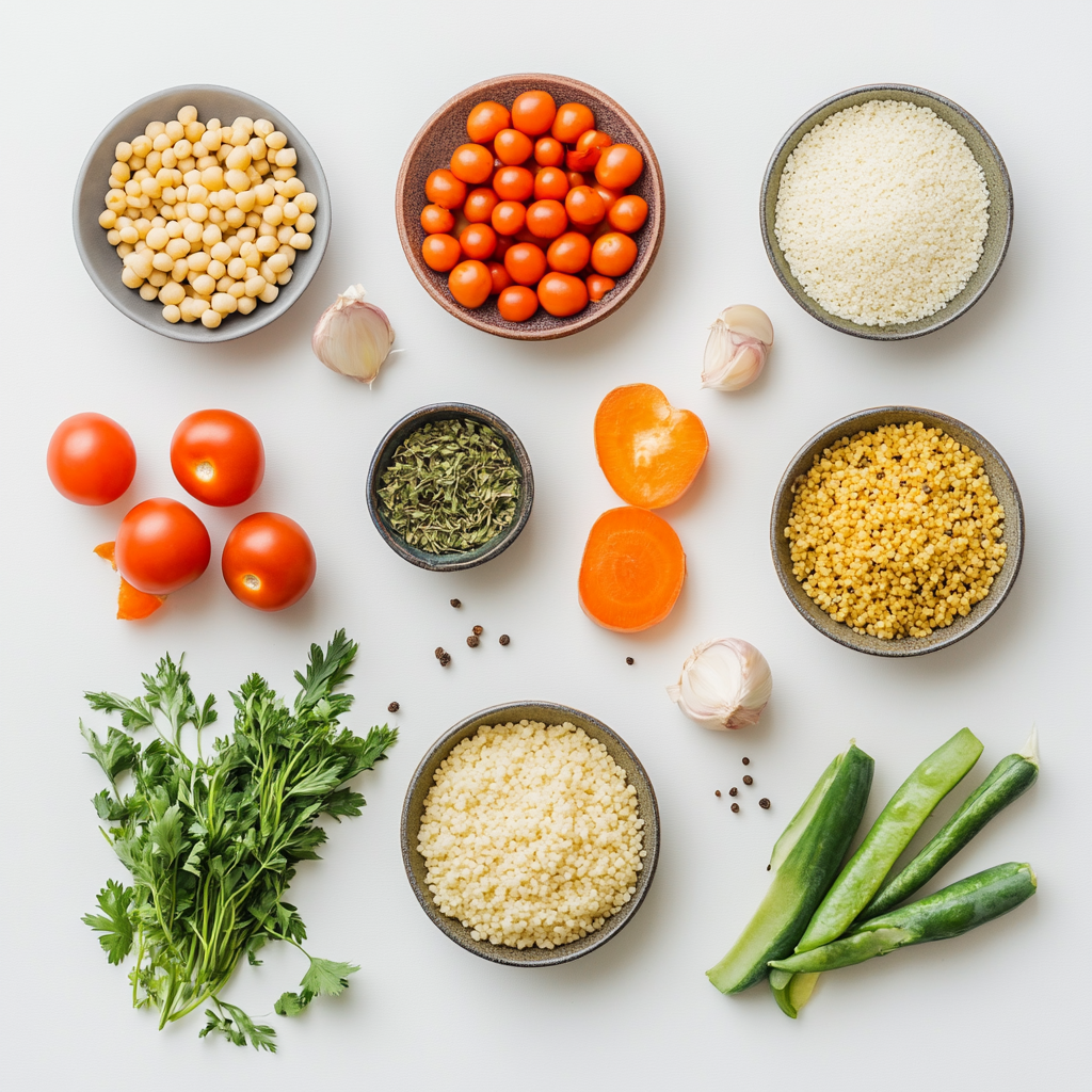 Ingredients for couscous laid out on a surface