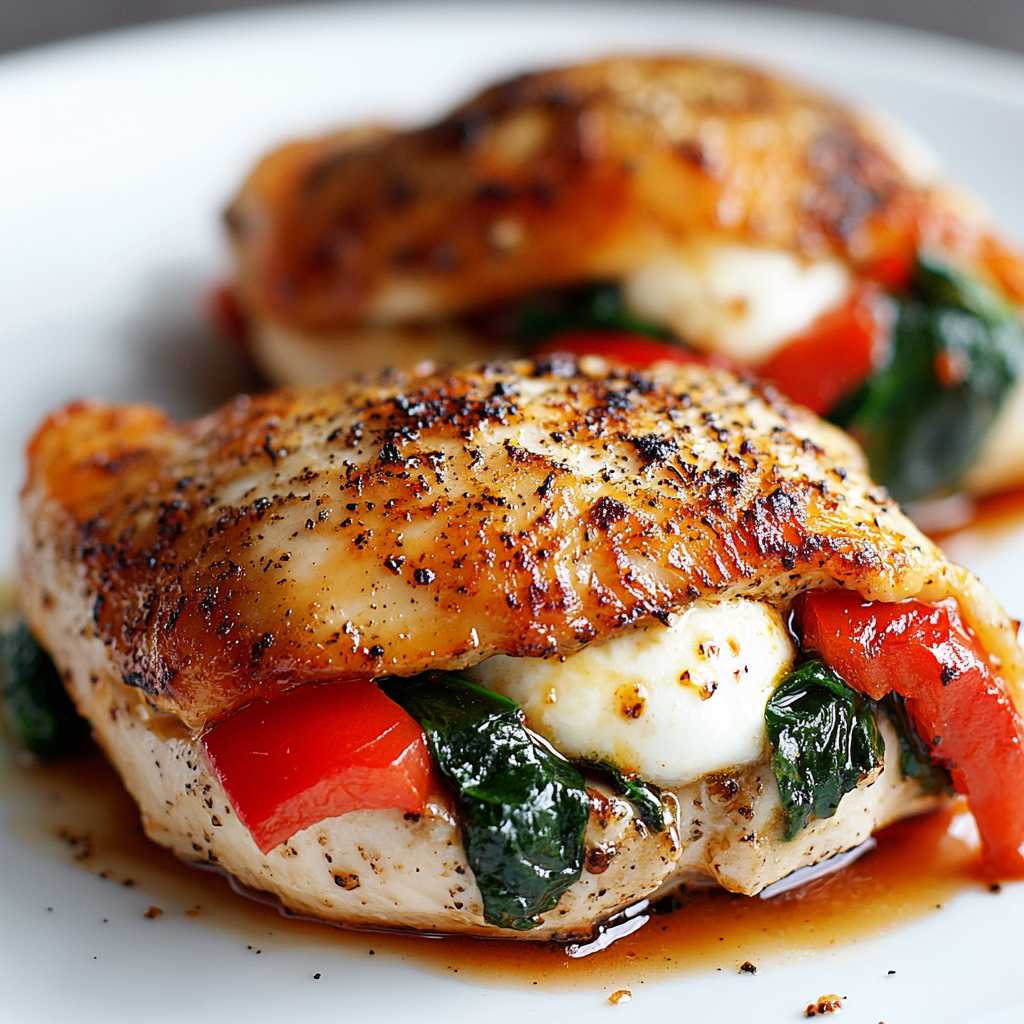Roasted Red Pepper, Spinach, and Mozzarella Stuffed Chicken 🍗🫑🌿🧀