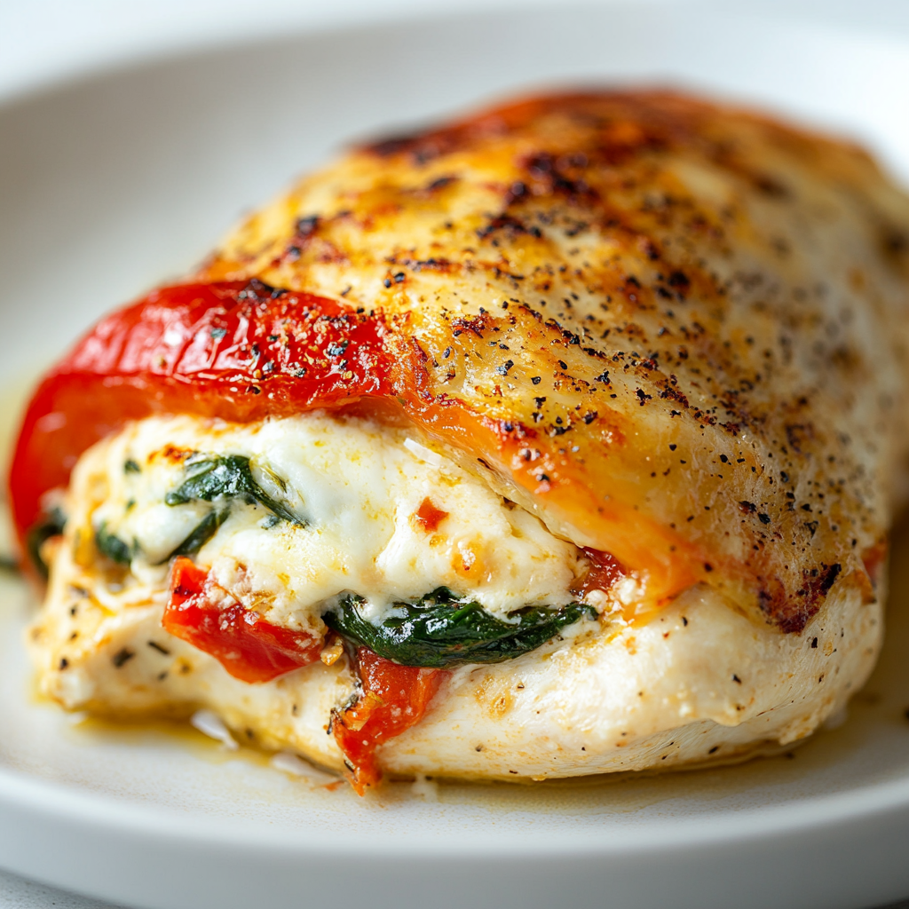 Roasted Red Pepper, Spinach, and Mozzarella Stuffed Chicken